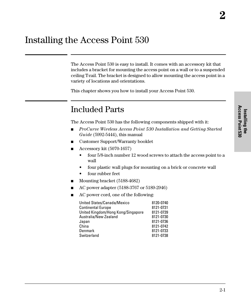 Installing the access point 530, Included parts, 2 installing the access point 530 | HP PROCURVE 530 User Manual | Page 19 / 114