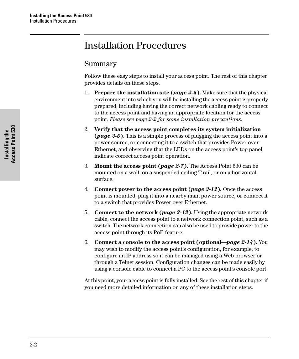 Installation procedures, Summary, Summary -2 | HP PROCURVE 530 User Manual | Page 20 / 114