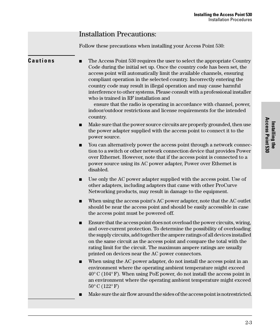 Installation precautions, Installation precautions: -3 | HP PROCURVE 530 User Manual | Page 21 / 114