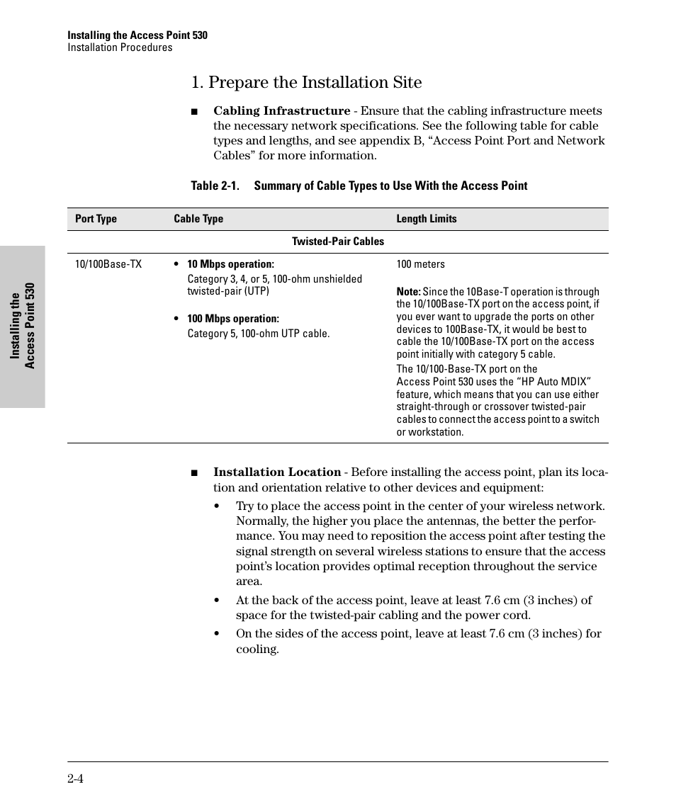 Prepare the installation site, Prepare the installation site -4 | HP PROCURVE 530 User Manual | Page 22 / 114