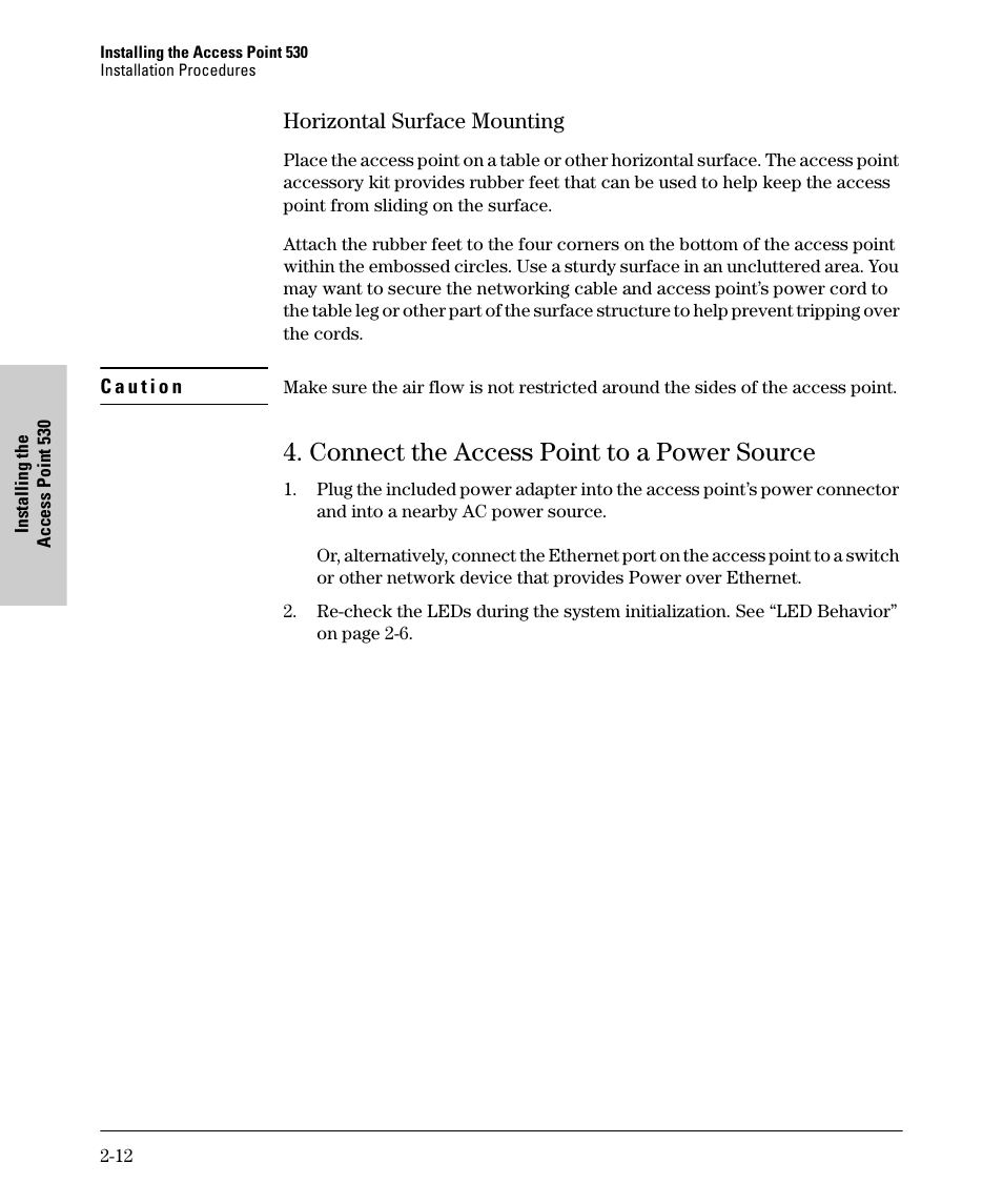 Horizontal surface mounting, Connect the access point to a power source, Horizontal surface mounting -12 | Connect the access point to a power source -12 | HP PROCURVE 530 User Manual | Page 30 / 114