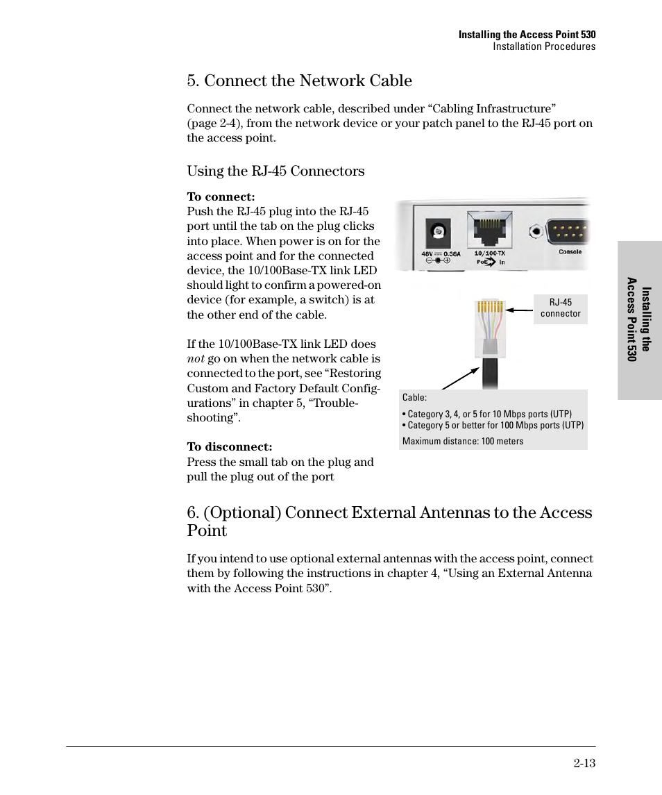 Connect the network cable, Using the rj-45 connectors, Connect the network cable -13 | Using the rj-45 connectors -13 | HP PROCURVE 530 User Manual | Page 31 / 114