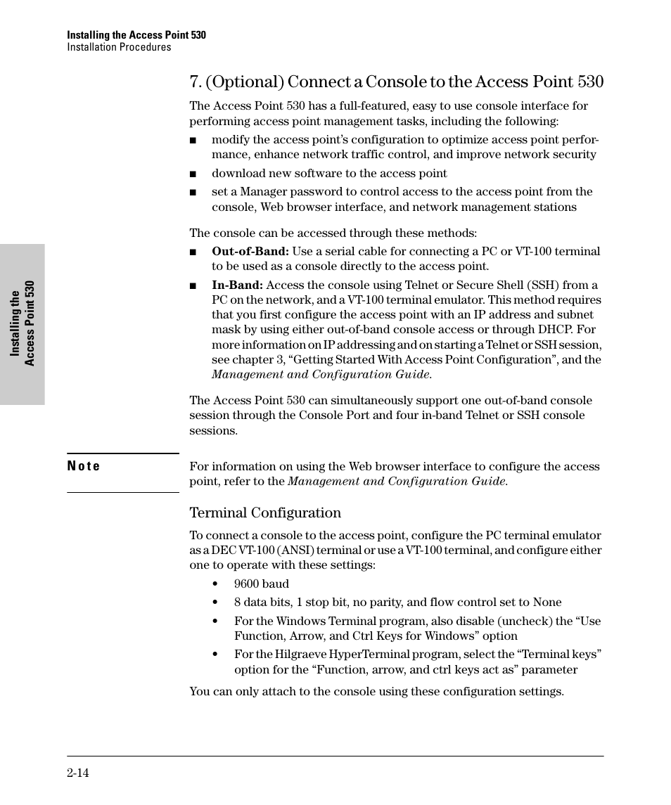 Terminal configuration, Terminal configuration -14 | HP PROCURVE 530 User Manual | Page 32 / 114