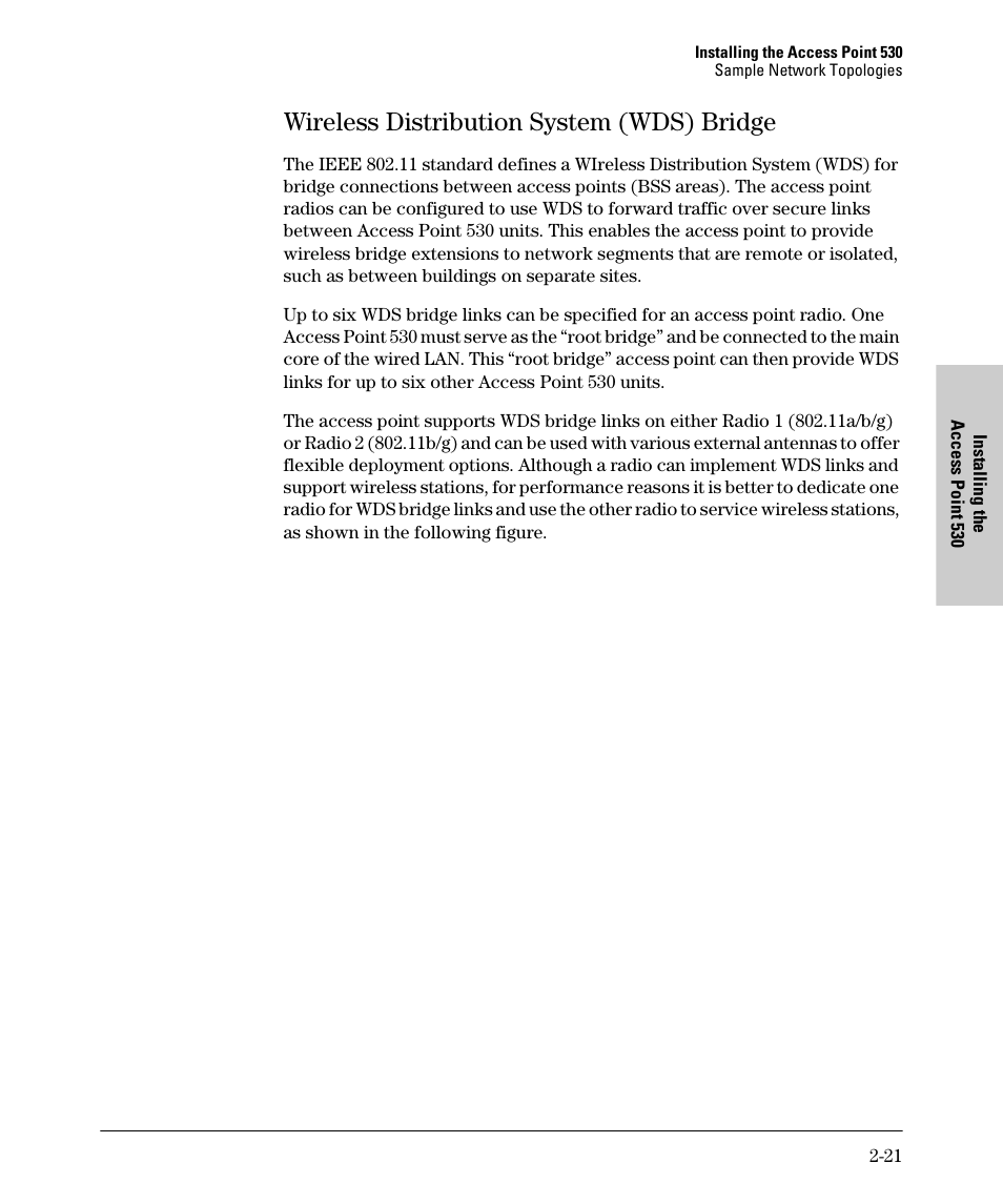 Wireless distribution system (wds) bridge, Wireless distribution system (wds) bridge -21 | HP PROCURVE 530 User Manual | Page 39 / 114