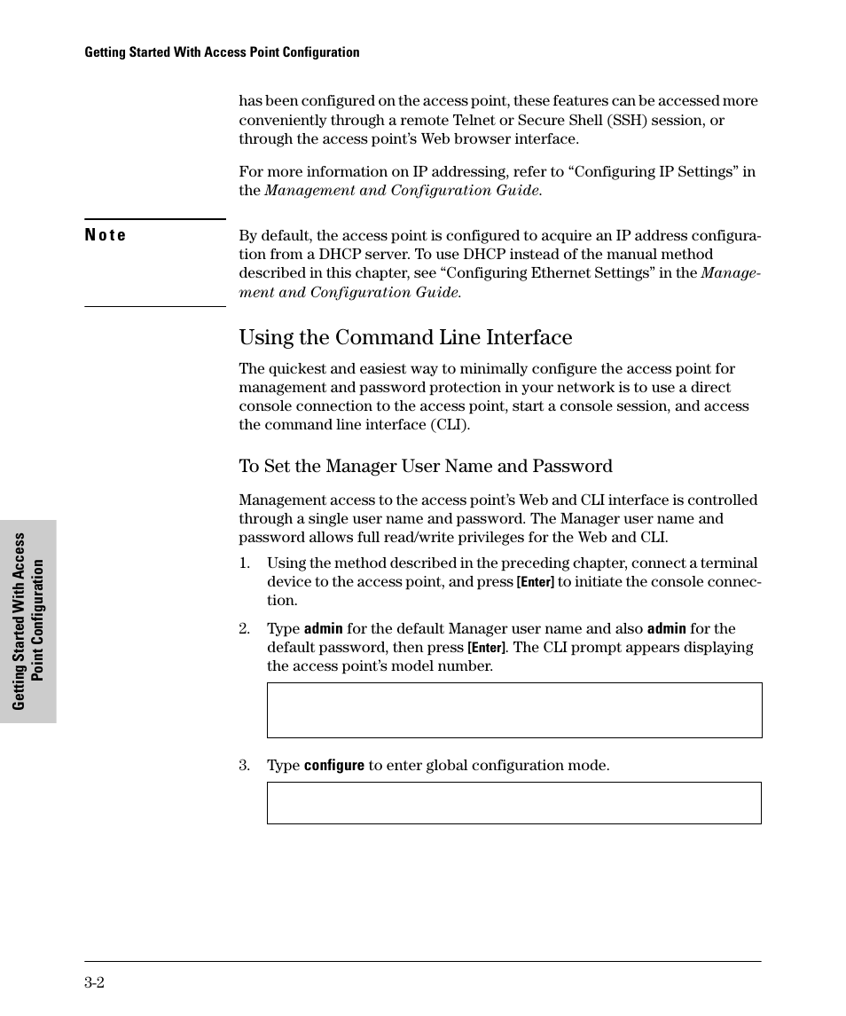 Using the command line interface, To set the manager user name and password, Using the command line interface -2 | To set the manager user name and password -2 | HP PROCURVE 530 User Manual | Page 44 / 114