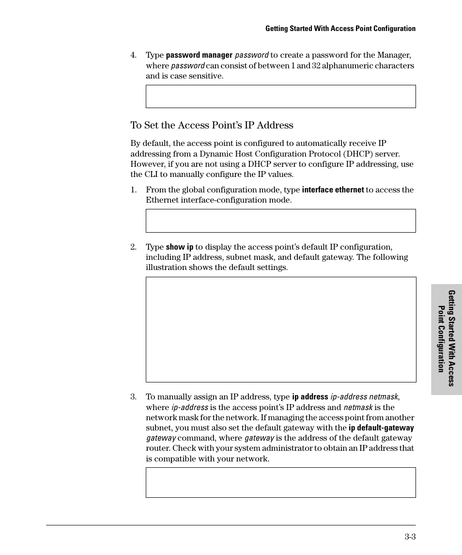 To set the access point’s ip address, To set the access point’s ip address -3 | HP PROCURVE 530 User Manual | Page 45 / 114