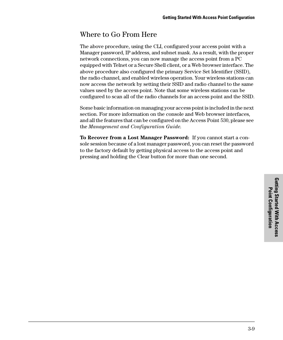 Where to go from here, To recover from a lost manager password, Where to go from here -9 | HP PROCURVE 530 User Manual | Page 51 / 114