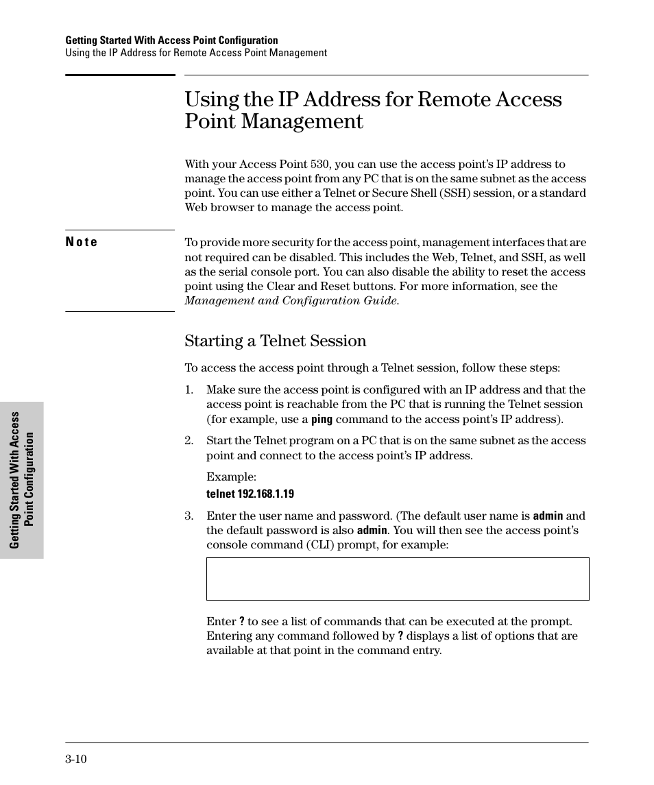 Starting a telnet session, Starting a telnet session -10 | HP PROCURVE 530 User Manual | Page 52 / 114