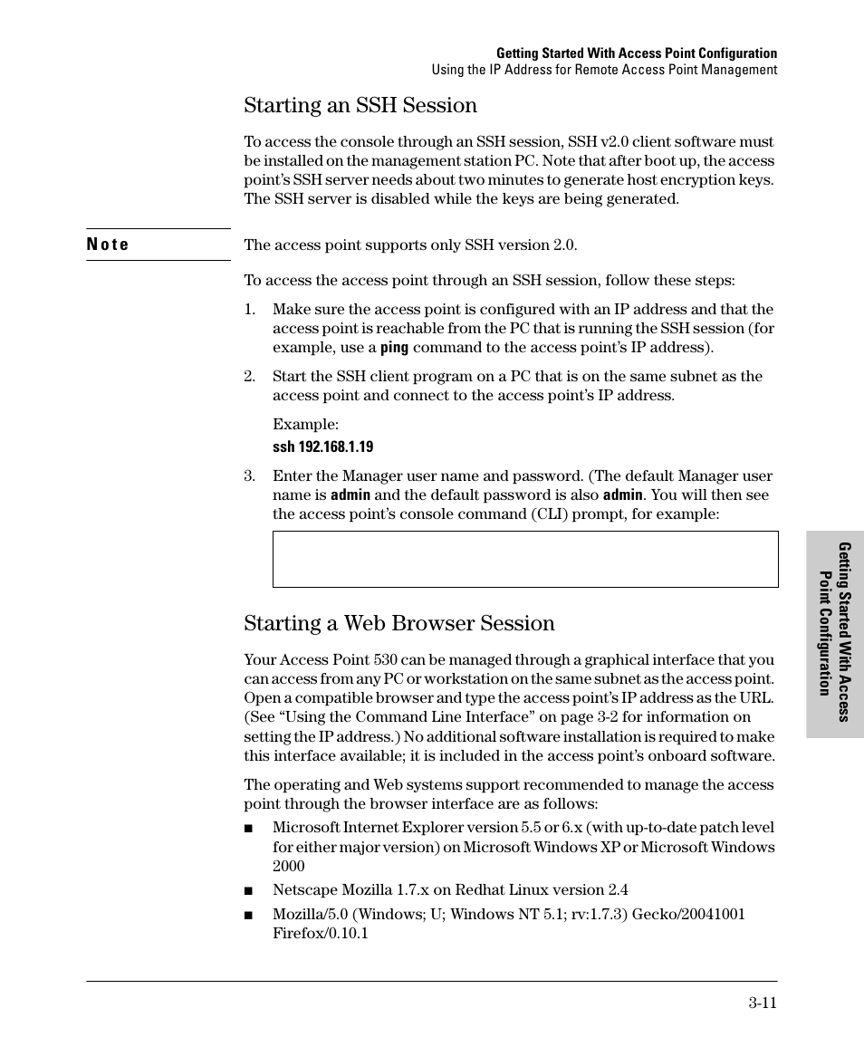 Starting an ssh session, Starting a web browser session, Starting an ssh session -11 | Starting a web browser session -11 | HP PROCURVE 530 User Manual | Page 53 / 114