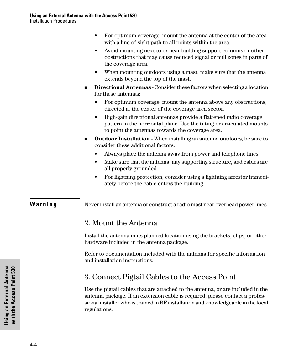 Mount the antenna, Connect pigtail cables to the access point, Mount the antenna -4 | Connect pigtail cables to the access point -4 | HP PROCURVE 530 User Manual | Page 58 / 114