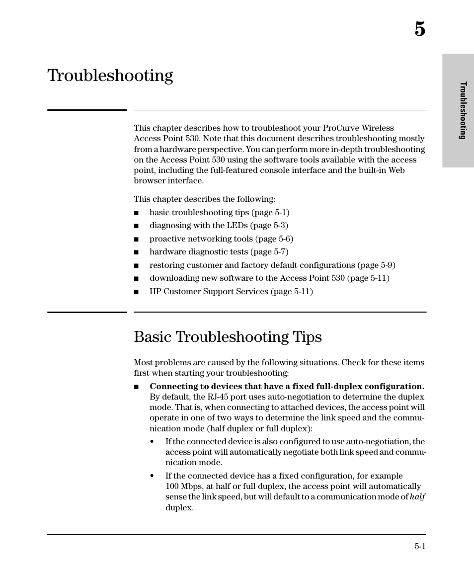 Troubleshooting, Basic troubleshooting tips, 5 troubleshooting | Chapter 5, “troubleshooting, Ter 5, Ter 5, “troubleshooting” o, Ter 5, “trouble- shooting | HP PROCURVE 530 User Manual | Page 63 / 114
