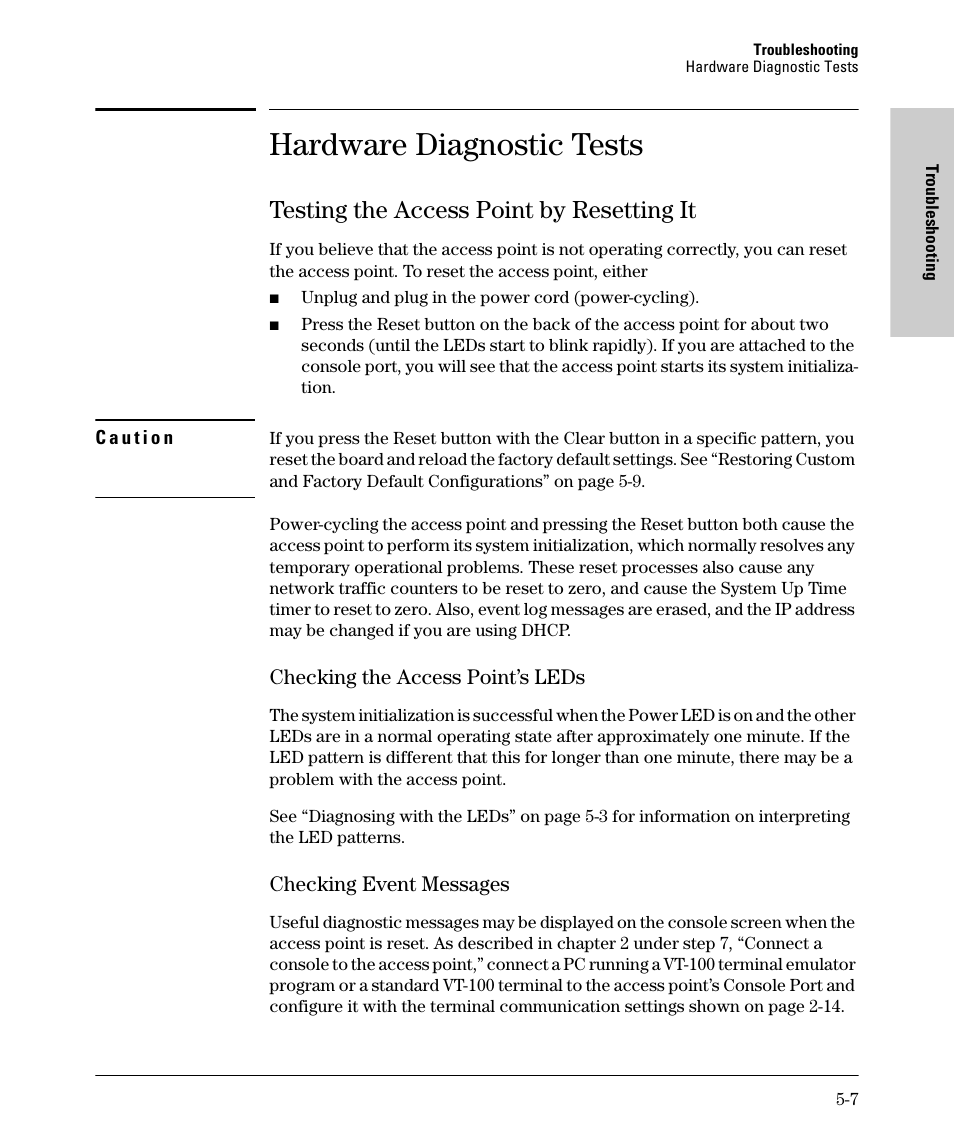 Hardware diagnostic tests, Testing the access point by resetting it, Checking the access point’s leds | Checking event messages, Testing the access point by resetting it -7 | HP PROCURVE 530 User Manual | Page 69 / 114