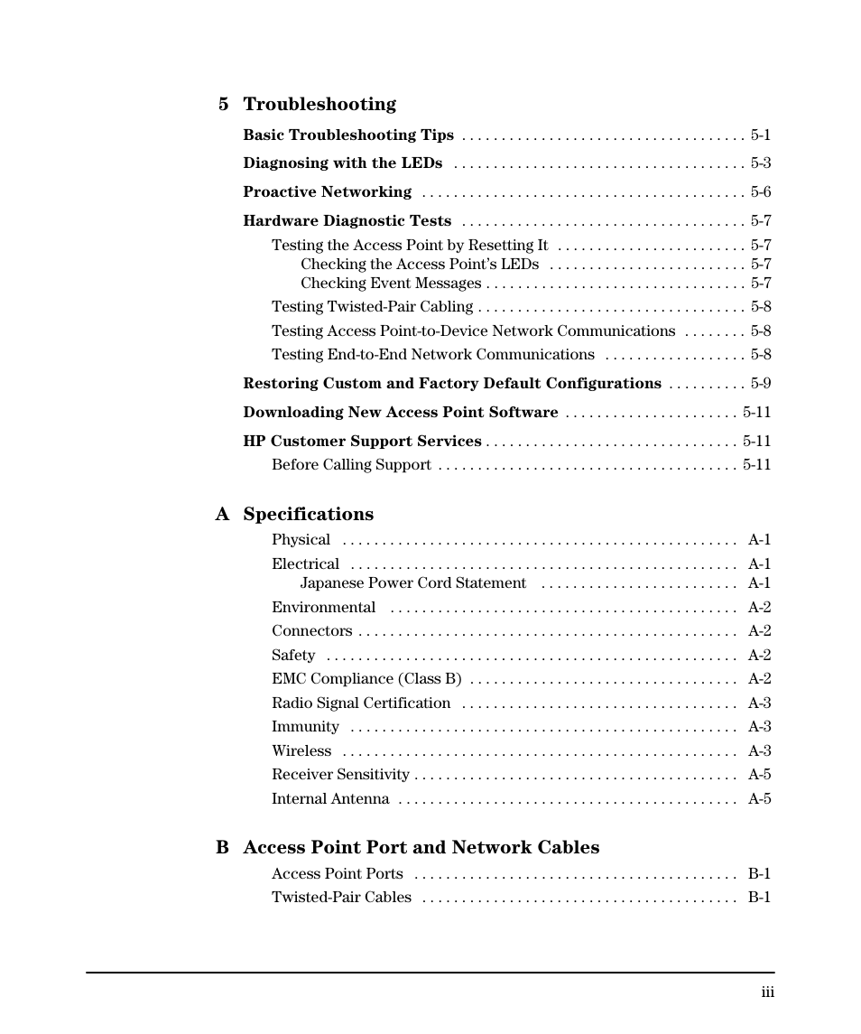 5 troubleshooting, A specifications, B access point port and network cables | HP PROCURVE 530 User Manual | Page 7 / 114