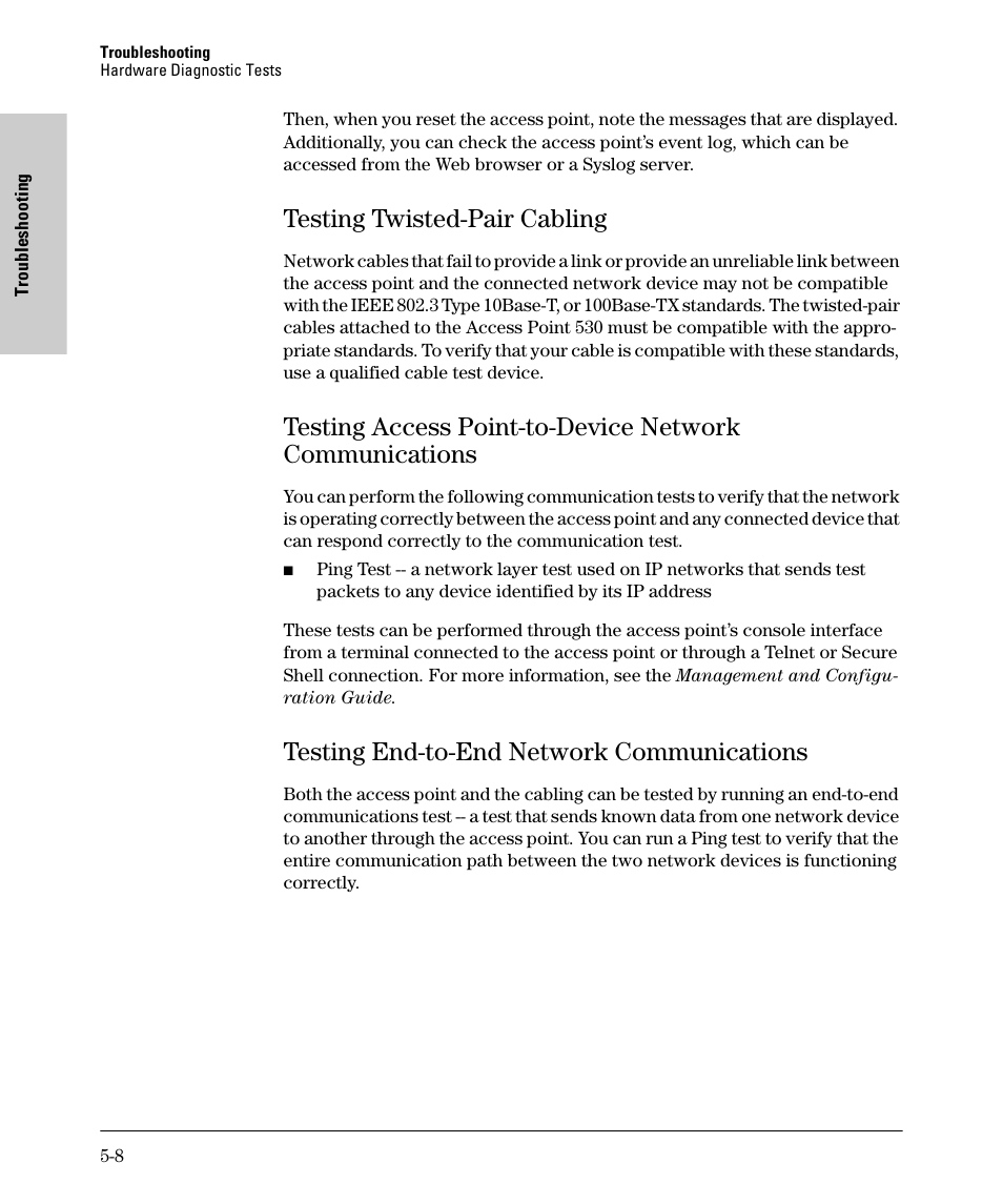 Testing twisted-pair cabling, Testing end-to-end network communications, Testing twisted-pair cabling -8 | Testing end-to-end network communications -8 | HP PROCURVE 530 User Manual | Page 70 / 114