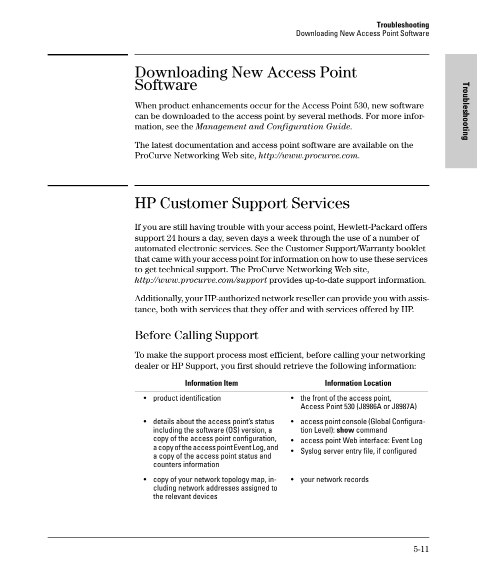 Downloading new access point software, Hp customer support services, Before calling support | Before calling support -11 | HP PROCURVE 530 User Manual | Page 73 / 114