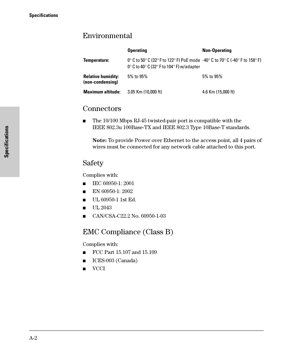 Environmental, Connectors, Safety | Emc compliance (class b), Environmental connectors | HP PROCURVE 530 User Manual | Page 76 / 114