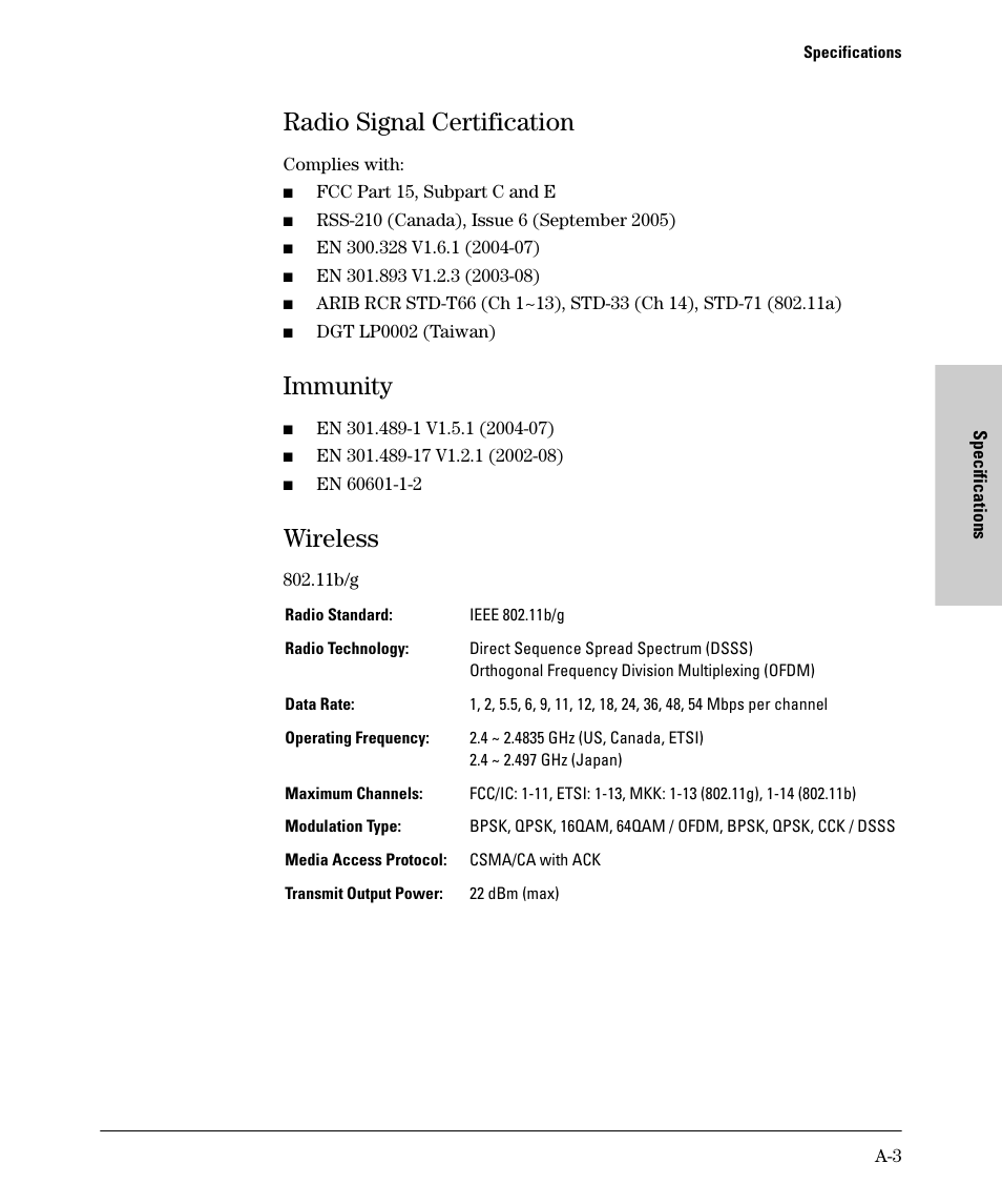 Radio signal certification, Immunity, Wireless | HP PROCURVE 530 User Manual | Page 77 / 114
