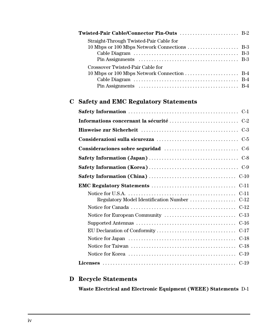 C safety and emc regulatory statements, D recycle statements | HP PROCURVE 530 User Manual | Page 8 / 114