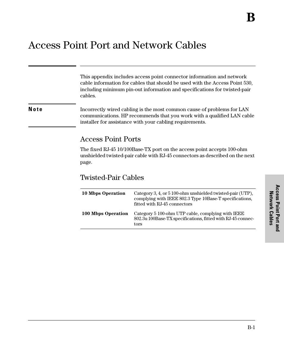 B. access point port and network cables, Access point ports, Twisted-pair cables | B access point port and network cables, Access point port and network cables | HP PROCURVE 530 User Manual | Page 81 / 114