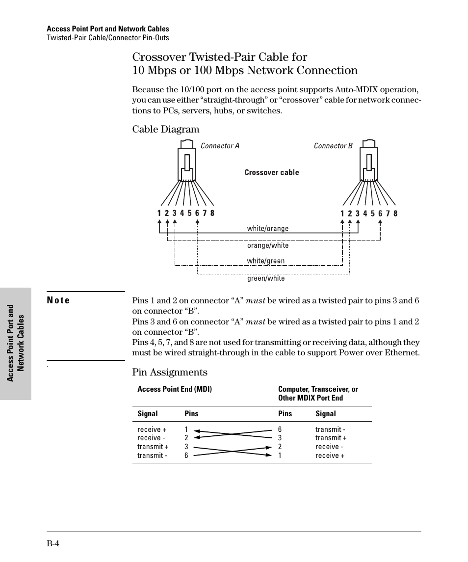 Cable diagram, Pin assignments | HP PROCURVE 530 User Manual | Page 84 / 114