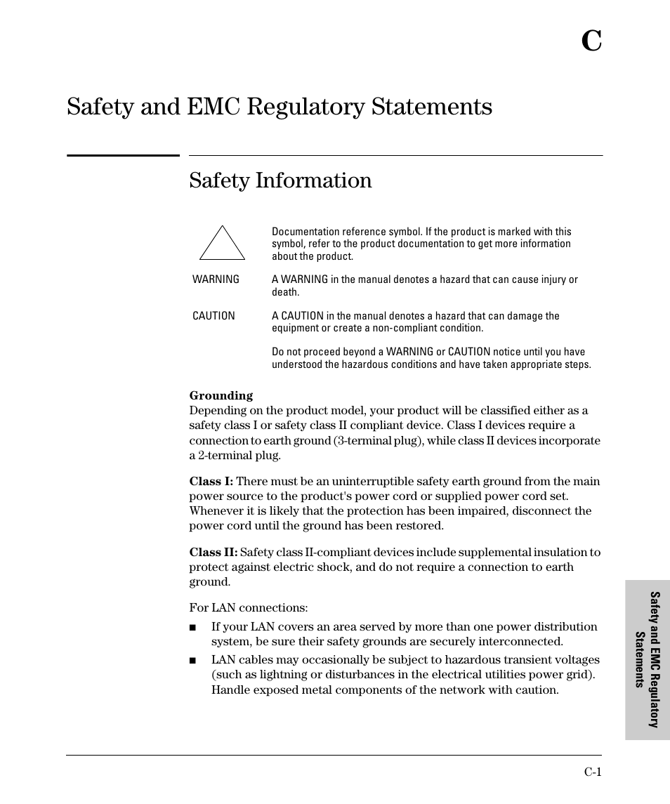 C. safety and emc regulatory statements, Safety information, C safety and emc regulatory statements | Safety and emc regulatory statements | HP PROCURVE 530 User Manual | Page 85 / 114