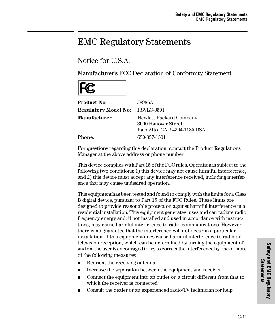 Emc regulatory statements, Notice for u.s.a | HP PROCURVE 530 User Manual | Page 95 / 114
