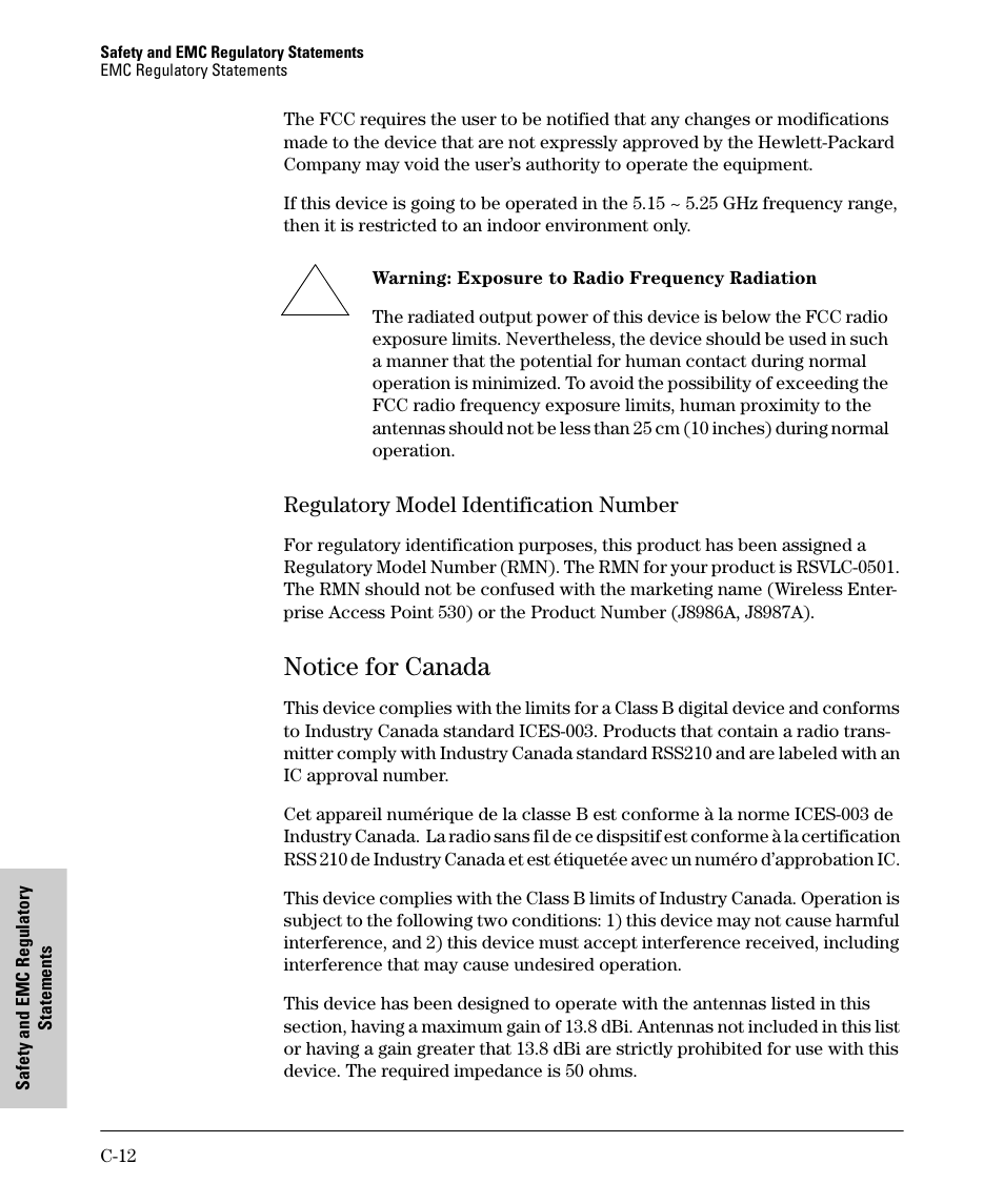 Regulatory model identification number, Notice for canada | HP PROCURVE 530 User Manual | Page 96 / 114