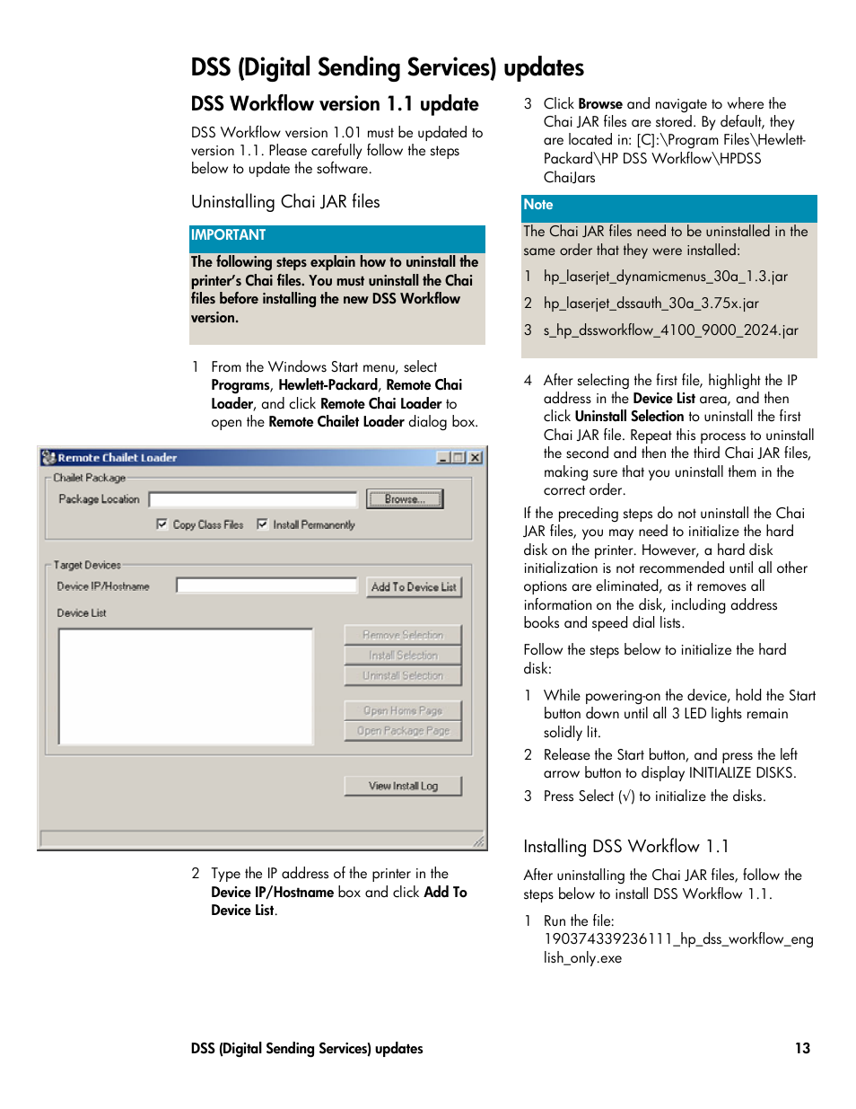 Dss (digital sending services) updates, Dss workflow version 1.1 update, Uninstalling chai jar files | Installing dss workflow 1.1 | HP Volume 23 User Manual | Page 13 / 16