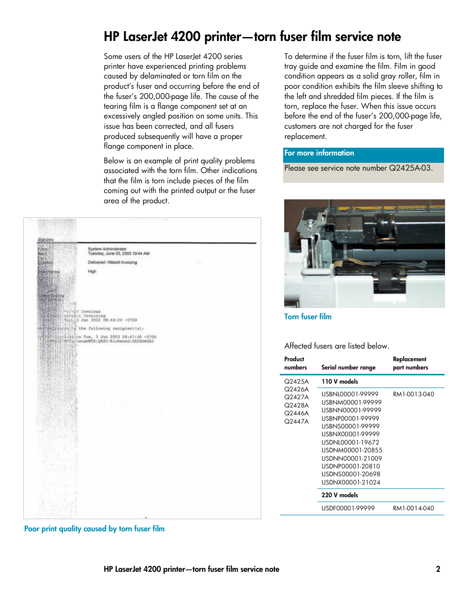 Hp laserjet 4200 printer—torn fuser film service | HP Volume 23 User Manual | Page 2 / 16
