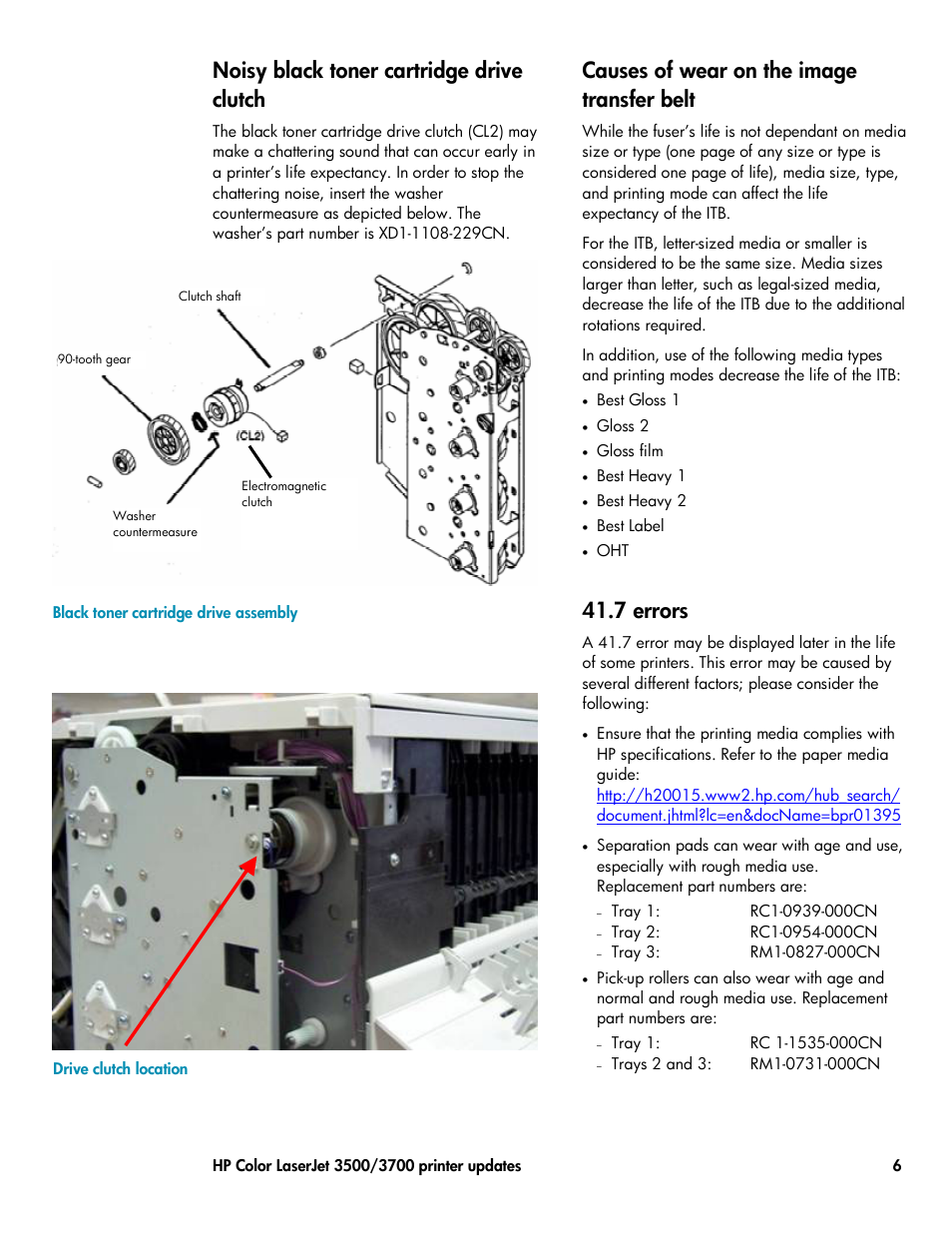 Causes of wear on the image transfer belt, 7 errors, Noisy black toner cartridge drive clutch | HP Volume 23 User Manual | Page 6 / 16