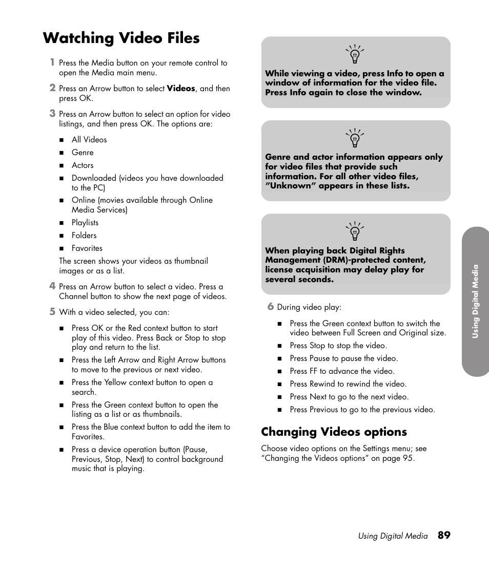 Watching video files, Changing videos options | HP 1080p User Manual | Page 102 / 426