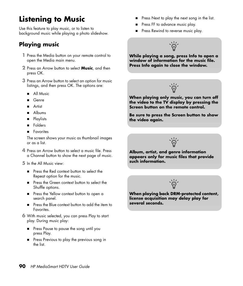Listening to music, Playing music | HP 1080p User Manual | Page 103 / 426
