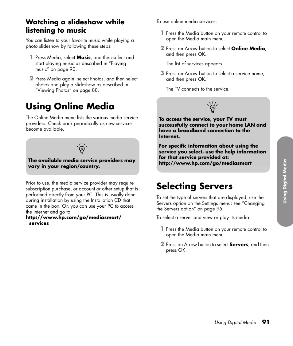 Watching a slideshow while listening to music, Using online media, Selecting servers | Using online media selecting servers | HP 1080p User Manual | Page 104 / 426