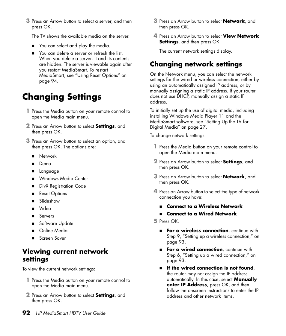 Changing settings, Viewing current network settings, Changing network settings | HP 1080p User Manual | Page 105 / 426