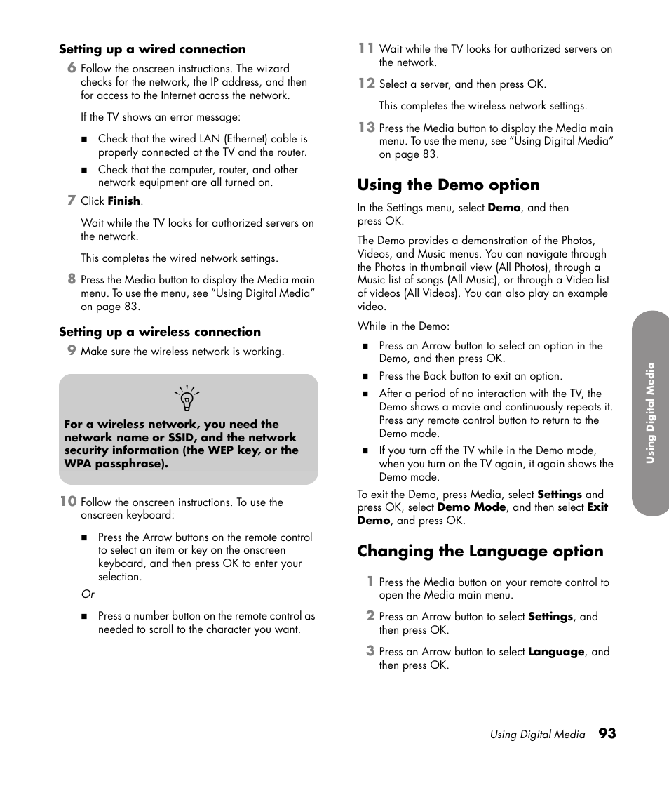 Using the demo option, Changing the language option, Using the demo option changing the language option | HP 1080p User Manual | Page 106 / 426
