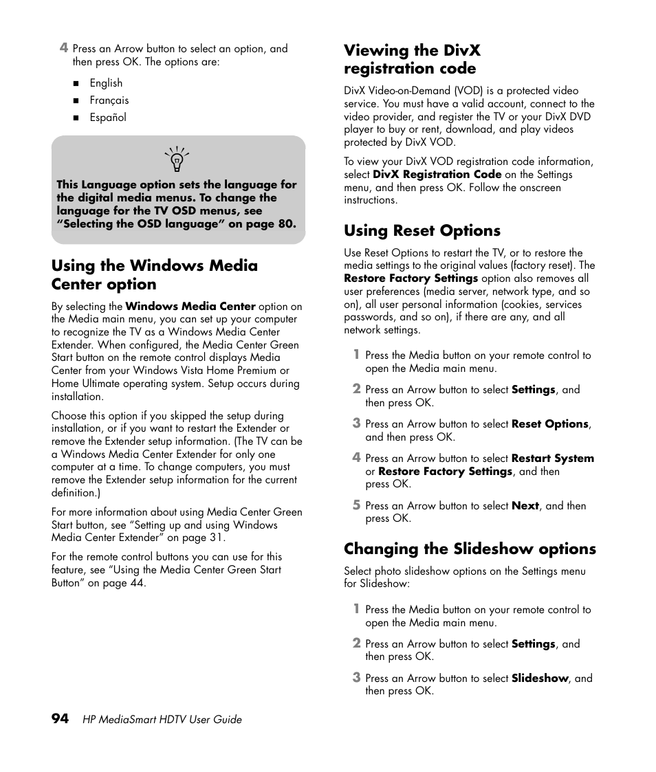 Using the windows media center option, Viewing the divx registration code, Using reset options | Changing the slideshow options | HP 1080p User Manual | Page 107 / 426