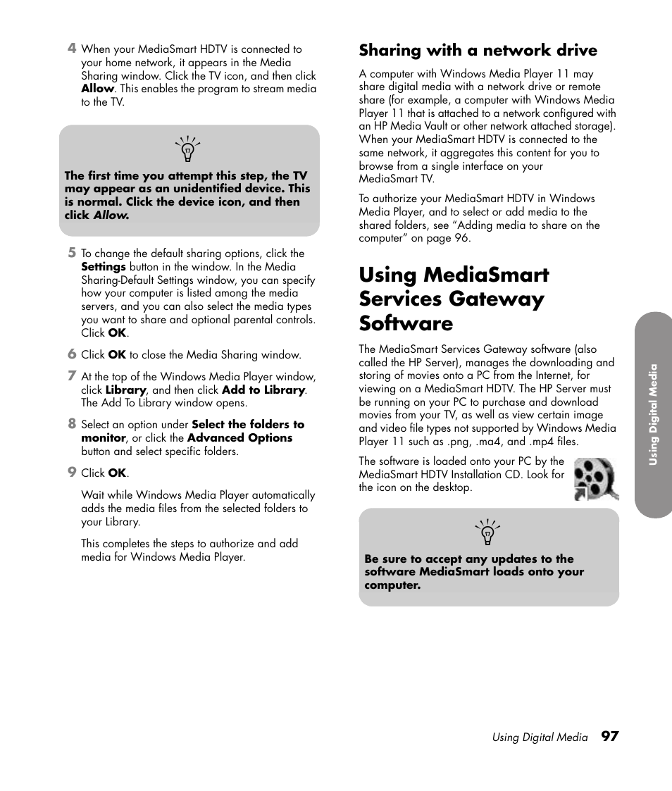 Sharing with a network drive, Using mediasmart services gateway software | HP 1080p User Manual | Page 110 / 426