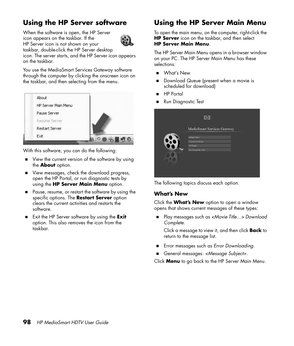 Using the hp server software, Using the hp server main menu | HP 1080p User Manual | Page 111 / 426