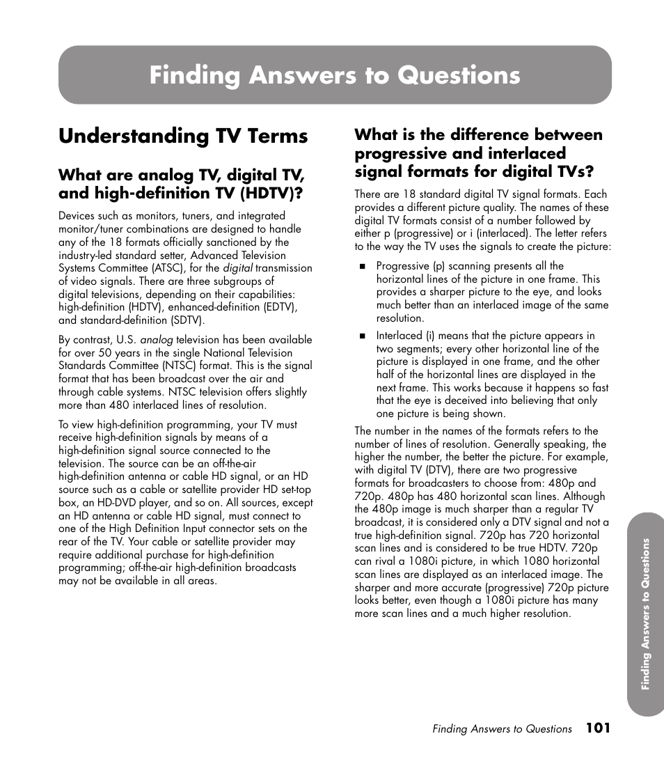 Finding answers to questions, Understanding tv terms | HP 1080p User Manual | Page 114 / 426