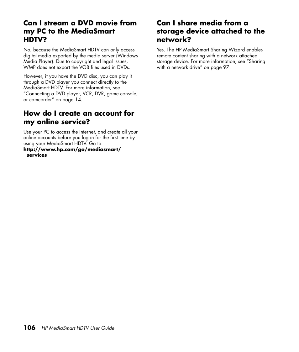 How do i create an account for my online service | HP 1080p User Manual | Page 119 / 426