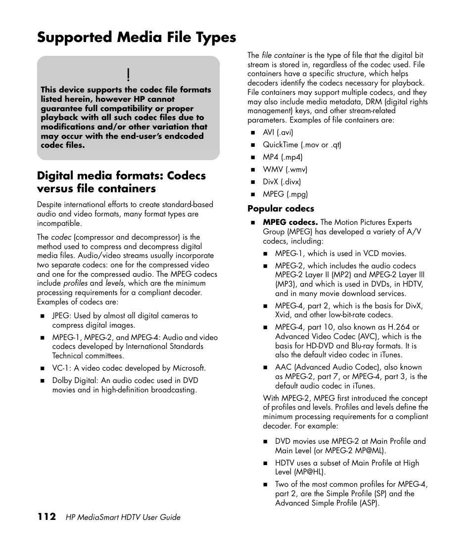 Supported media file types | HP 1080p User Manual | Page 125 / 426