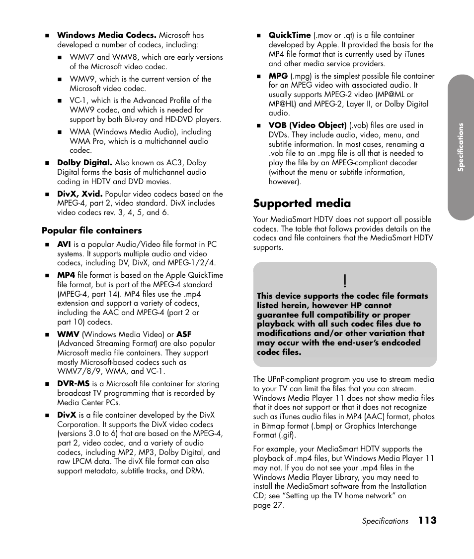 Supported media | HP 1080p User Manual | Page 126 / 426