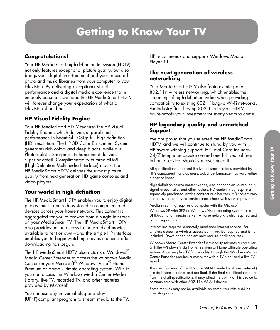 Getting to know your tv | HP 1080p User Manual | Page 14 / 426