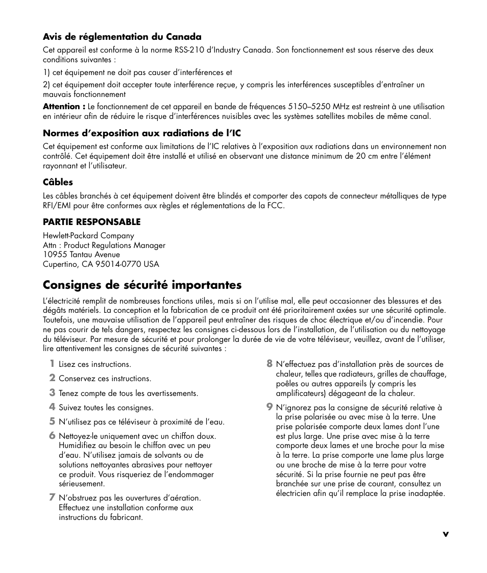 Consignes de sécurité importantes | HP 1080p User Manual | Page 142 / 426