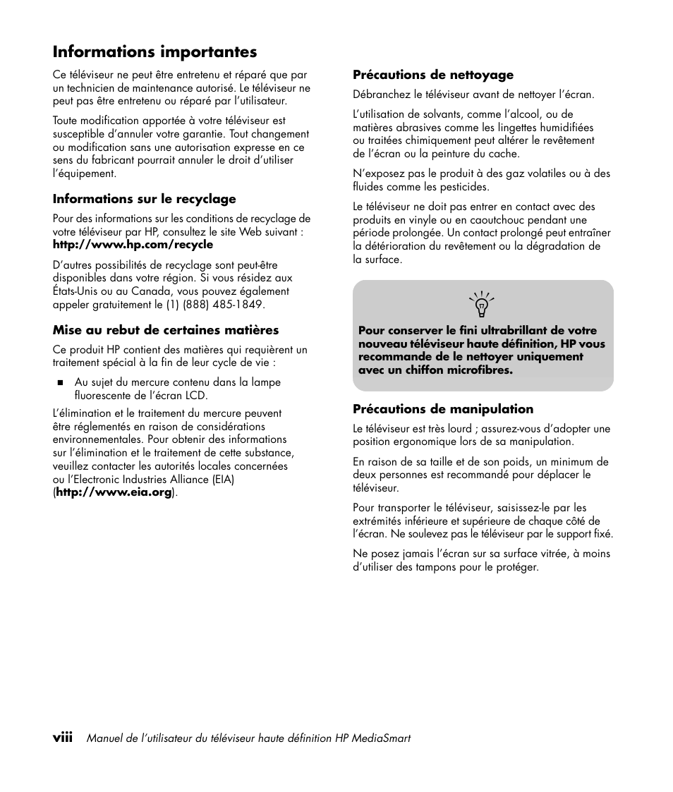 Informations importantes | HP 1080p User Manual | Page 145 / 426