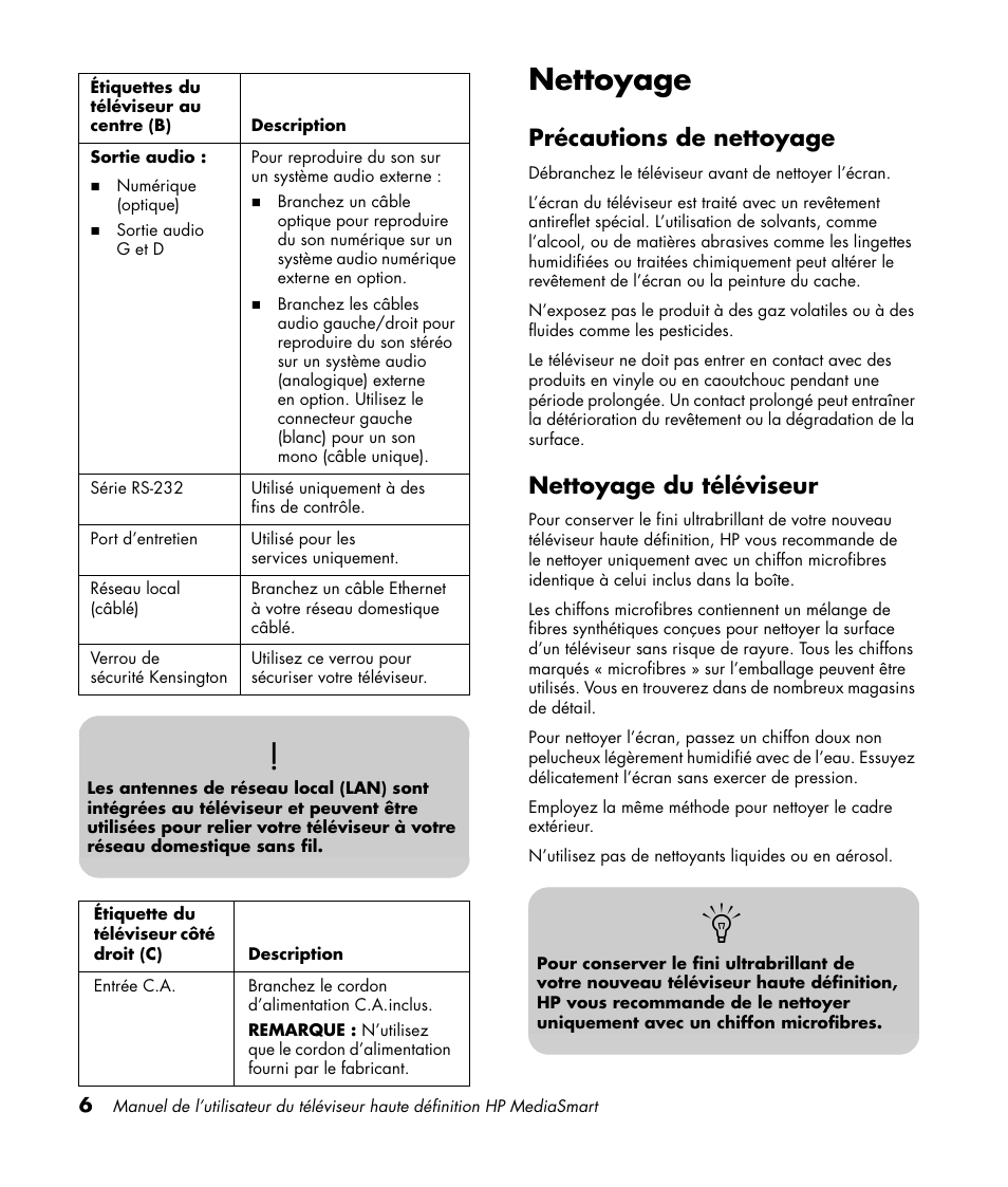 Nettoyage, Précautions de nettoyage, Nettoyage du téléviseur | Précautions de nettoyage nettoyage du téléviseur | HP 1080p User Manual | Page 155 / 426