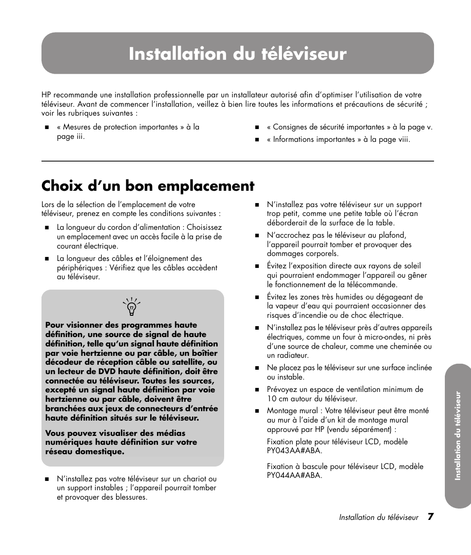 Installation du téléviseur, Choix d’un bon emplacement | HP 1080p User Manual | Page 156 / 426