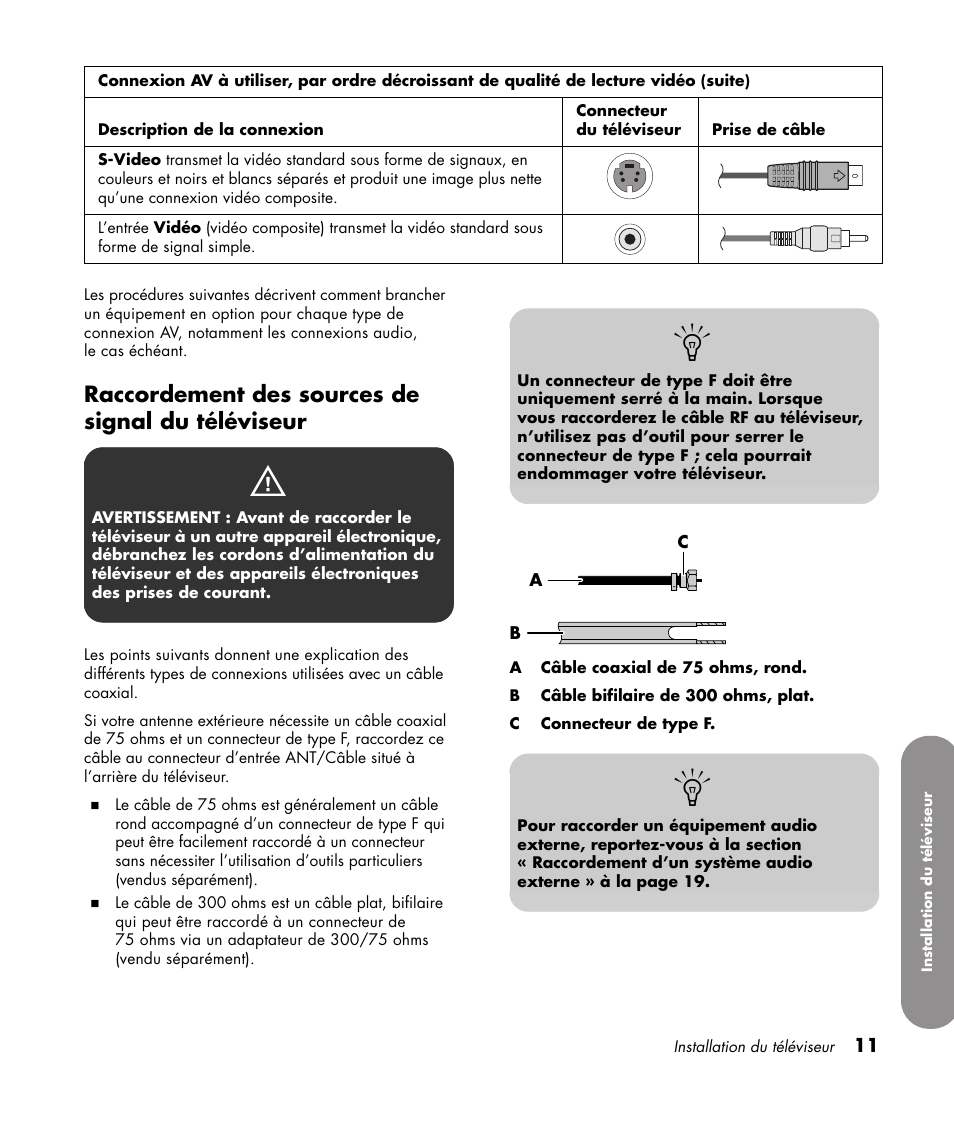 Raccordement des sources de signal du téléviseur | HP 1080p User Manual | Page 160 / 426