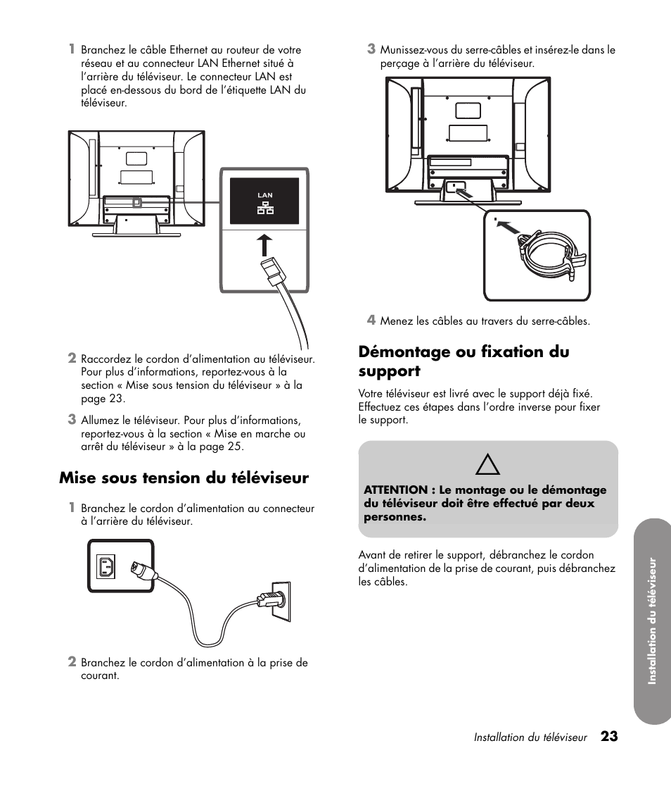 Mise sous tension du téléviseur, Démontage ou fixation du support | HP 1080p User Manual | Page 172 / 426