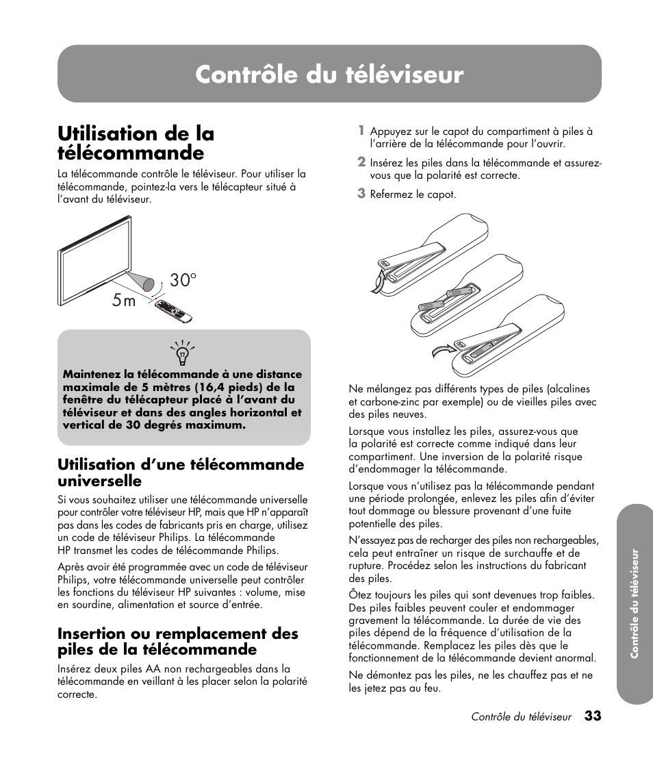 Contrôle du téléviseur, Utilisation de la télécommande, Utilisation d’une télécommande universelle | HP 1080p User Manual | Page 182 / 426